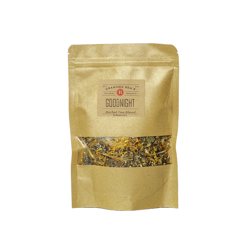 Resealable kraft paper pouch of handcrafted Goodnight herbal tea blend with loose leaf herbs, made in USA, ideal for Kitchen & Food, Brewing Coffee and Tea, Best Sellers, and Promo Eligible collections.