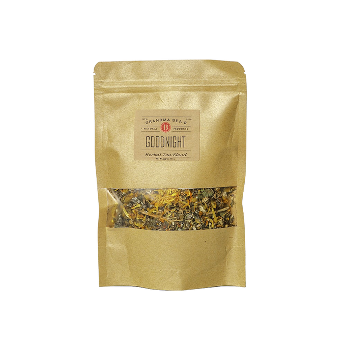Resealable kraft paper pouch of handcrafted Goodnight herbal tea blend with loose leaf herbs, made in USA, ideal for Kitchen & Food, Brewing Coffee and Tea, Best Sellers, and Promo Eligible collections.