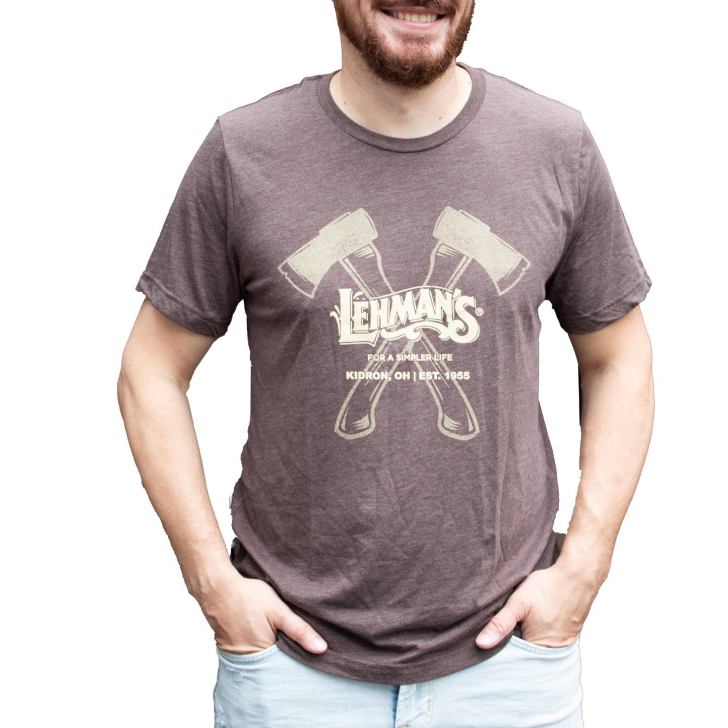 Man wearing a brown lightweight crew neck t-shirt with cream crossed axes and Lehman's logo printed on front, featured in Health & Wellness, Clothing and Accessories, and Best Sellers collections.