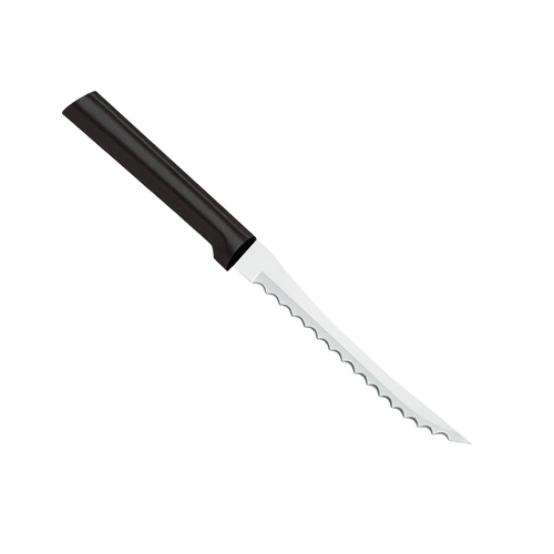 Handcrafted Rada tomato slicer with a hand-sharpened high carbon surgical stainless steel serrated blade and smooth black handle, made in USA, ideal for kitchen knives and food prep collections including Farm, Garden & Tool and Knives & Axes.