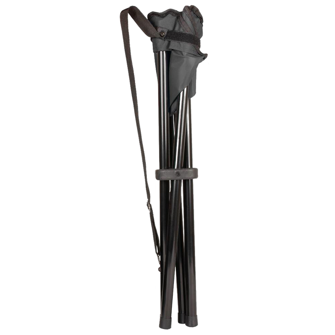 Folded four-legged camping stool with black metal frame and durable black fabric seat, lightweight design for easy transport, featured in Farm, Garden & Tool, Camping, Best Sellers, Promo Eligible, and Sale collections.