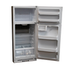 White two-door gas refrigerator with upper freezer and adjustable wire shelves, including clear drawers and door storage compartments, part of best-selling appliances and refrigerators collections.