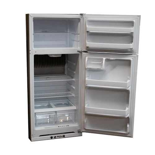 White two-door gas refrigerator with upper freezer and adjustable wire shelves, including clear drawers and door storage compartments, part of best-selling appliances and refrigerators collections.
