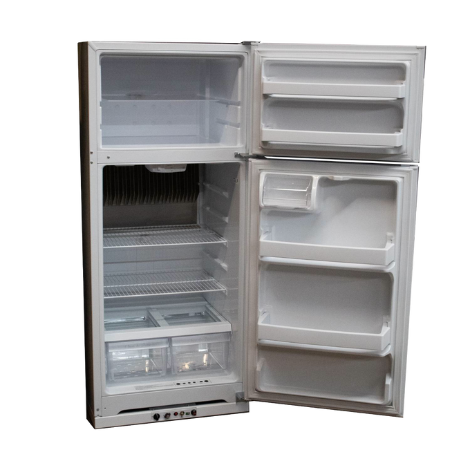 White two-door gas refrigerator with upper freezer and adjustable wire shelves, including clear drawers and door storage compartments, part of best-selling appliances and refrigerators collections.