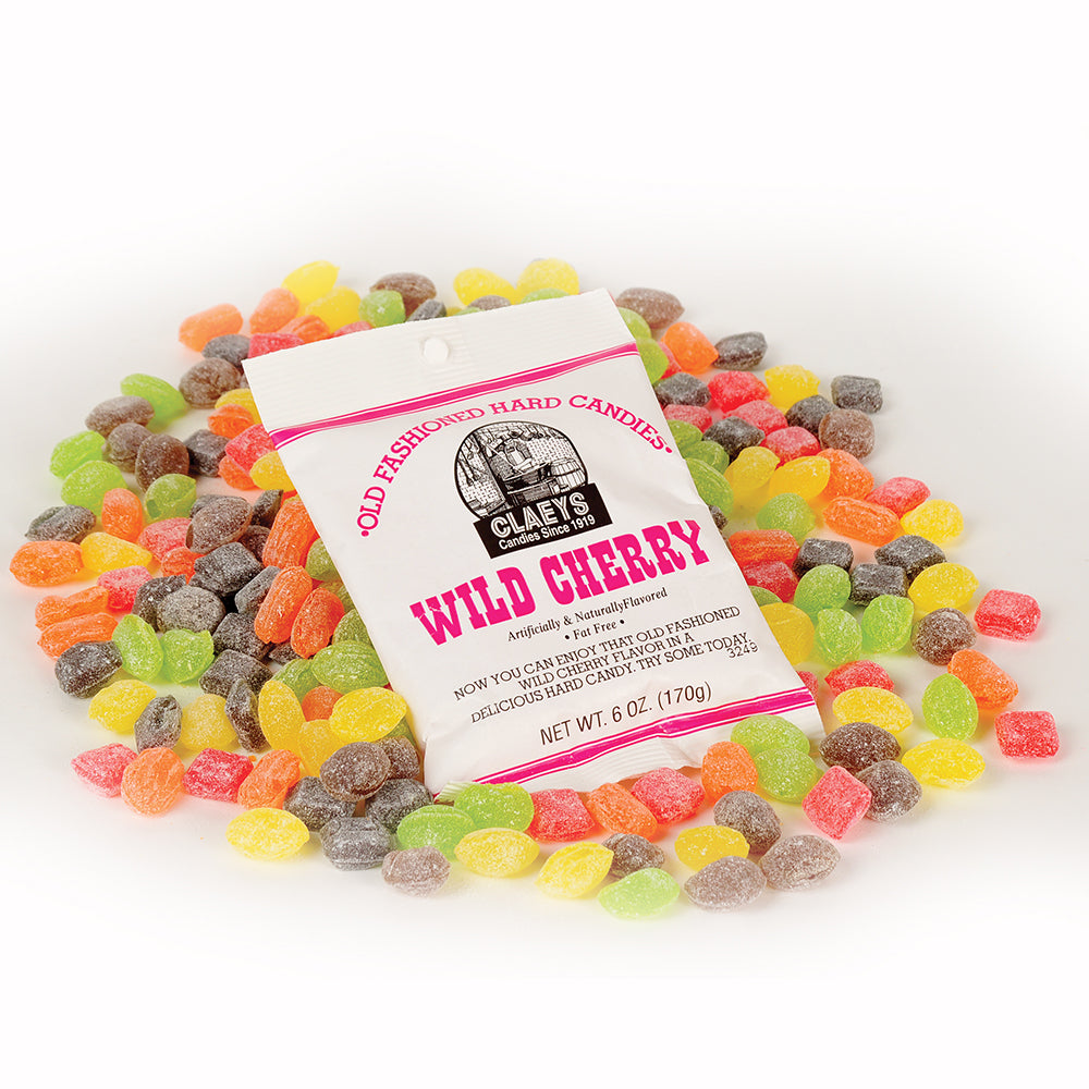 White bag of handcrafted wild cherry flavored old-fashioned sugared hard candies surrounded by assorted colorful candies, fat free, made in USA, ideal for Kitchen & Food, Snacks and Sweets, USA Made, Best Sellers, and Promo Eligible collections.