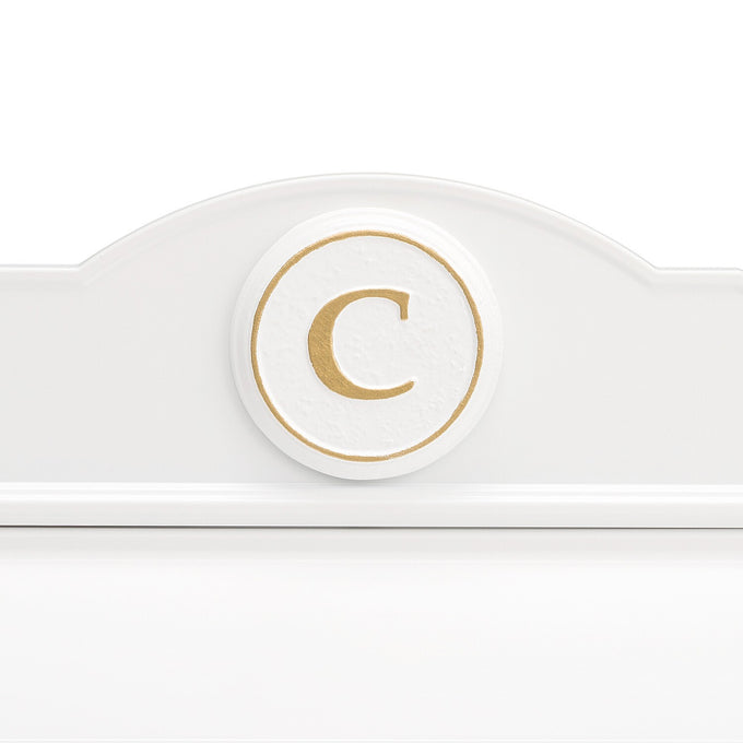 Handcrafted white and gold personalized mailbox monogram featuring the letter C, made in USA, designed to enhance curb appeal in Home & Decor and Mailboxes and Address Signs collections.