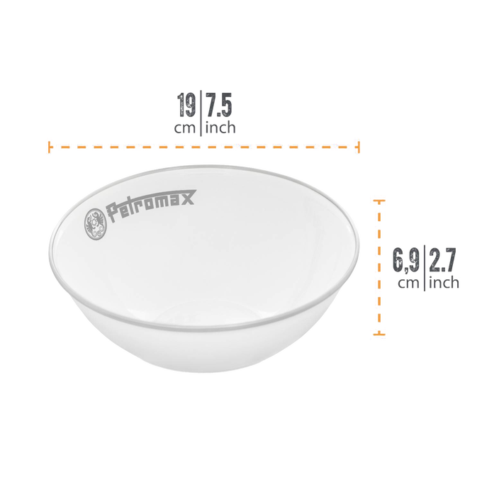 White enamel bowl featuring a subtle black rim and logo, designed for heat and scratch resistance, ideal for camping, kitchen, and outdoor use, part of Farm, Garden & Tool, Camping, Dinnerware, Best Sellers, and Promo Eligible collections.