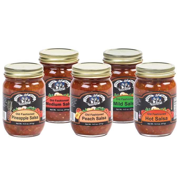 Five glass jars of handcrafted Amish-style kettle-cooked salsa in pineapple, medium, peach, mild, and hot flavors made in USA, ideal for Kitchen & Food, Pantry, Snacks and Sweets, and Best Sellers collections.