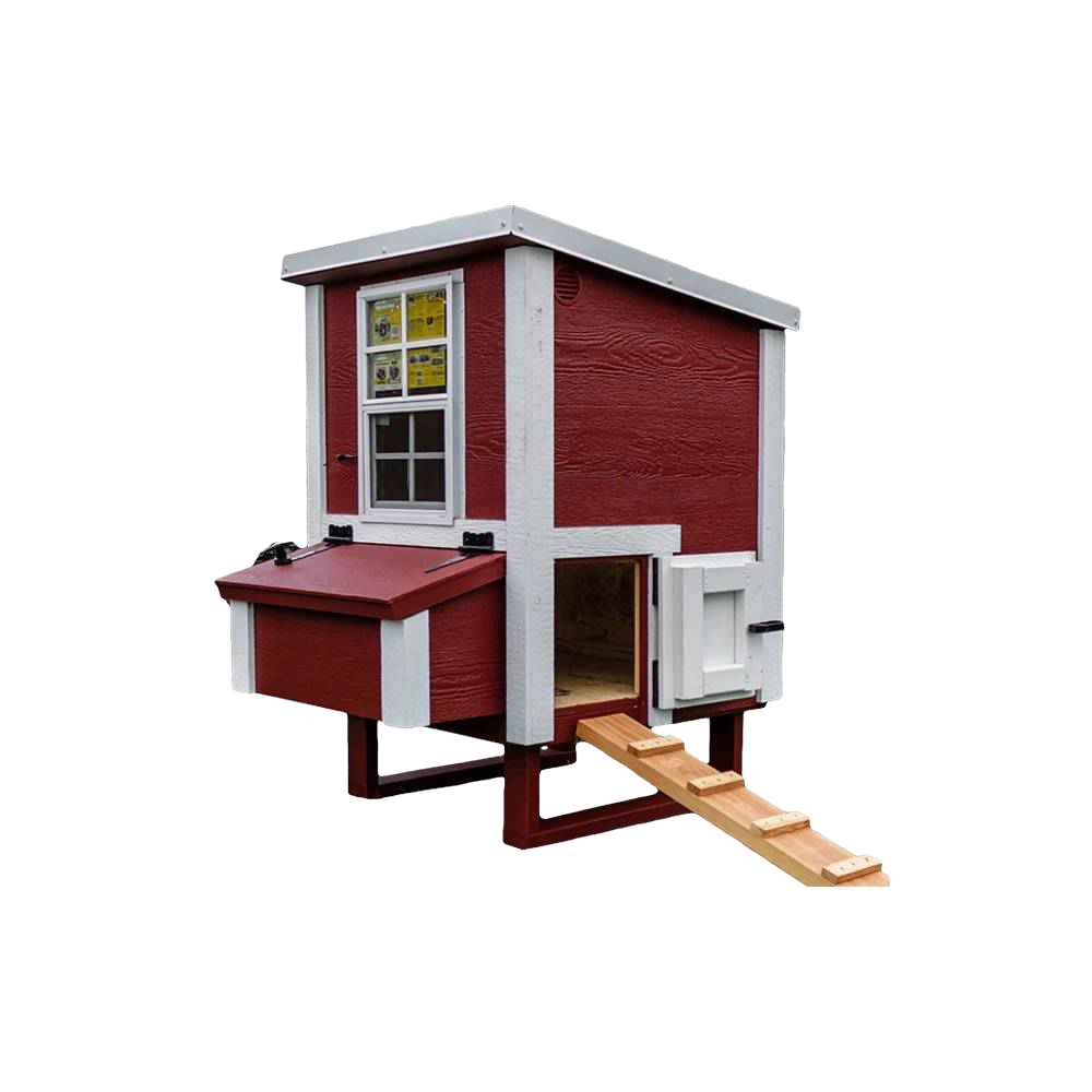 Handcrafted heavy-duty chicken coop with red wooden walls, white trim, built-in nesting box, window, and ramp, Amish made and USA built for farm, garden, and chicken accessories collections.