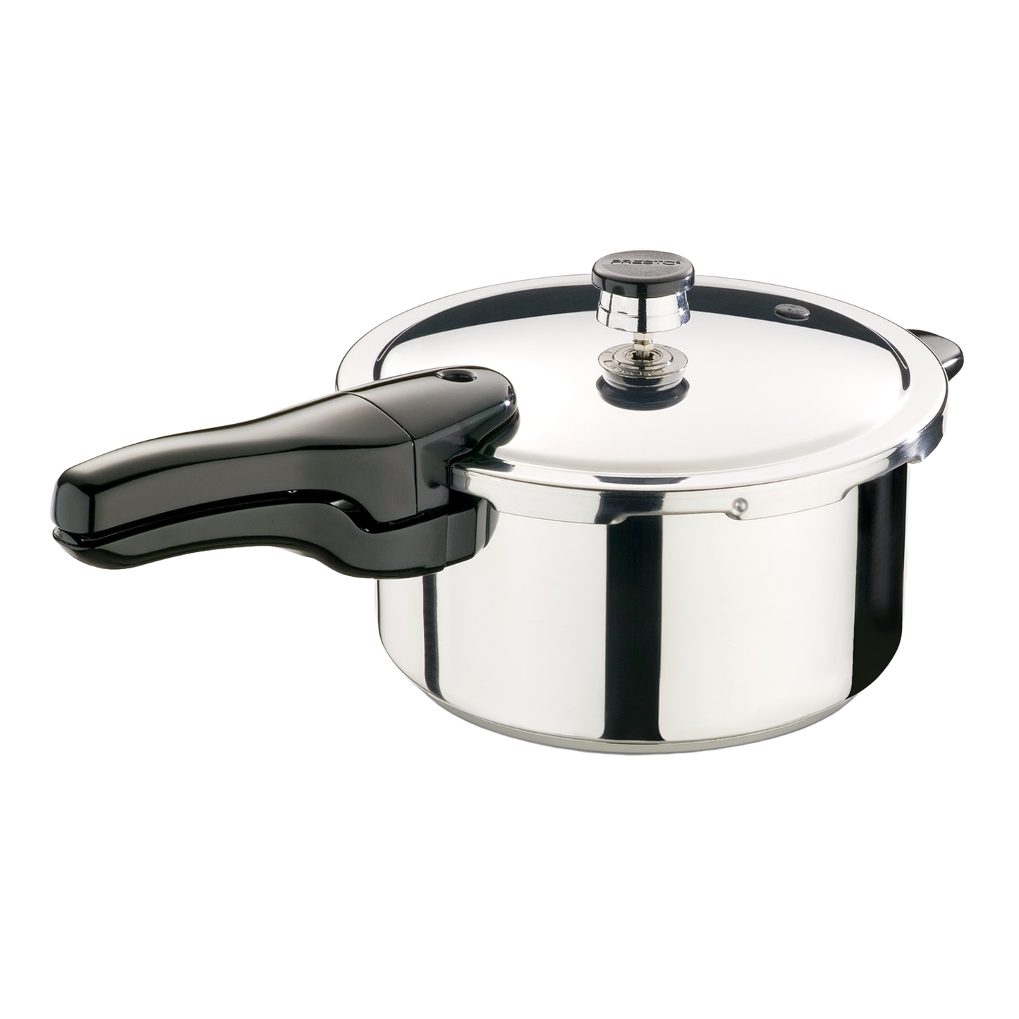 Polished stainless steel pressure cooker with a sturdy black handle and secure lid, featuring a tri-clad base for efficient cooking, perfect for Kitchen & Food, Cookware, Pots and Pans, Best Sellers, and Promo Eligible collections.