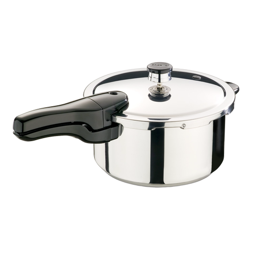 Polished stainless steel pressure cooker with a sturdy black handle and secure lid, featuring a tri-clad base for efficient cooking, perfect for Kitchen & Food, Cookware, Pots and Pans, Best Sellers, and Promo Eligible collections.