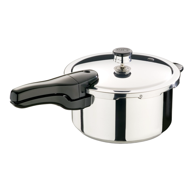 Polished stainless steel pressure cooker with a sturdy black handle and secure lid, featuring a tri-clad base for efficient cooking, perfect for Kitchen & Food, Cookware, Pots and Pans, Best Sellers, and Promo Eligible collections.