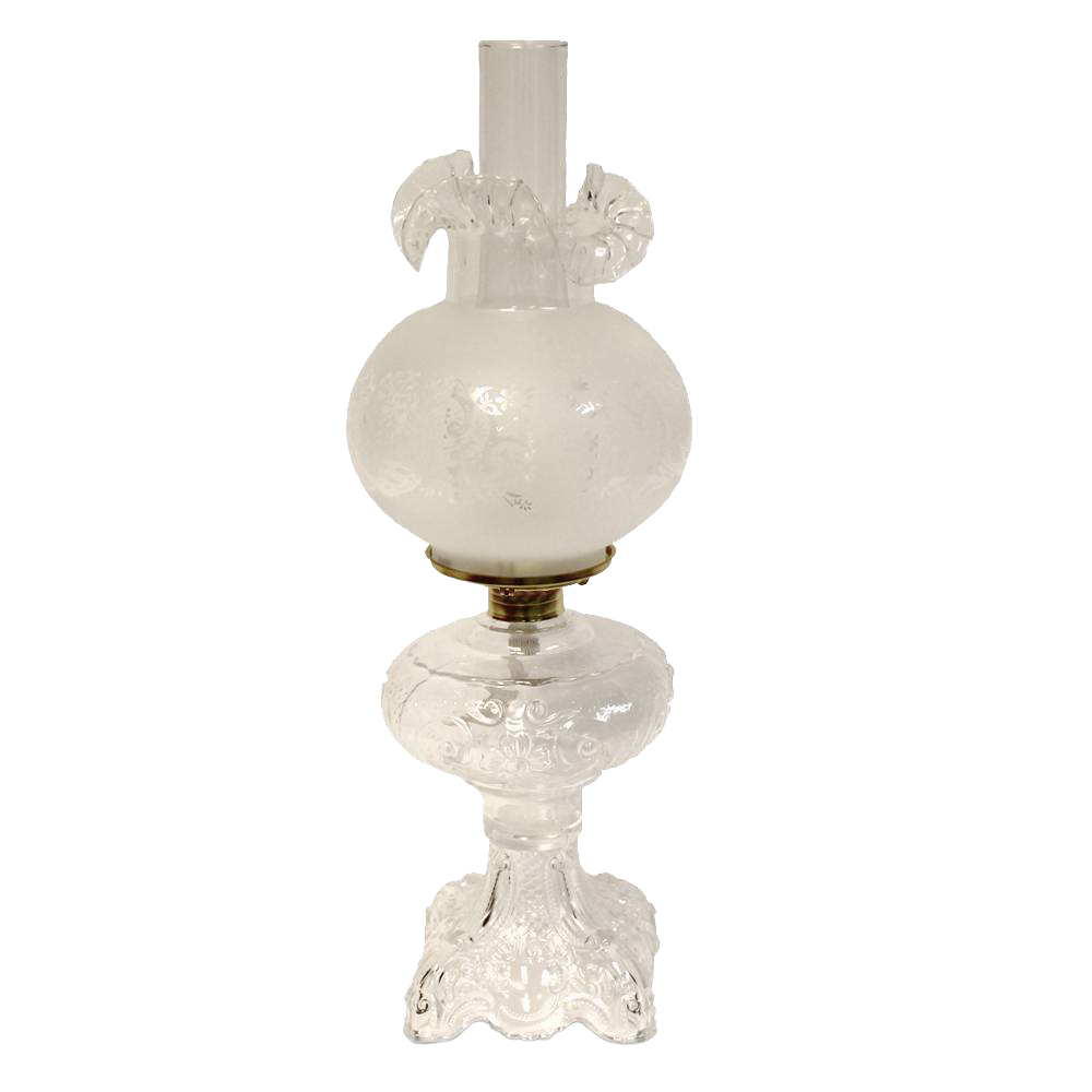Handcrafted clear glass oil lamp with an intricately sculptured base and frosted etched chimney, featuring a heavy brass-plated burner, ideal for Lamps & Lighting, Oil Lamps, Table Lamps, Best Sellers, and Promo Eligible collections.