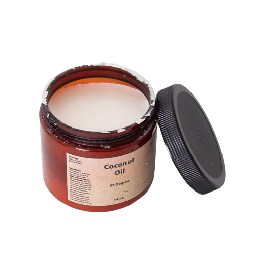 Open jar of handcrafted pure coconut oil for soap making with natural beige label and black screw-on lid, featured in Health & Wellness and Soapmaking Supplies collections.
