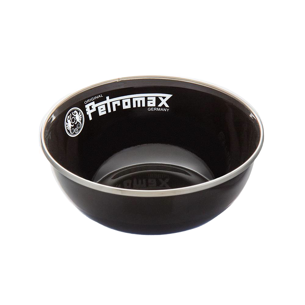 Black enamel bowl with subtle light-colored rim and white logo, crafted for durable, heat- and scratch-resistant outdoor use in Farm, Garden & Tool, Kitchen & Food, Camping, Dinnerware, Best Sellers, and Promo Eligible collections.
