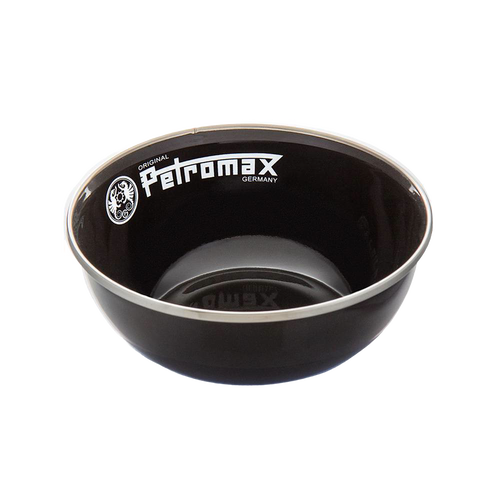 Black enamel bowl with subtle light-colored rim and white logo, crafted for durable, heat- and scratch-resistant outdoor use in Farm, Garden & Tool, Kitchen & Food, Camping, Dinnerware, Best Sellers, and Promo Eligible collections.
