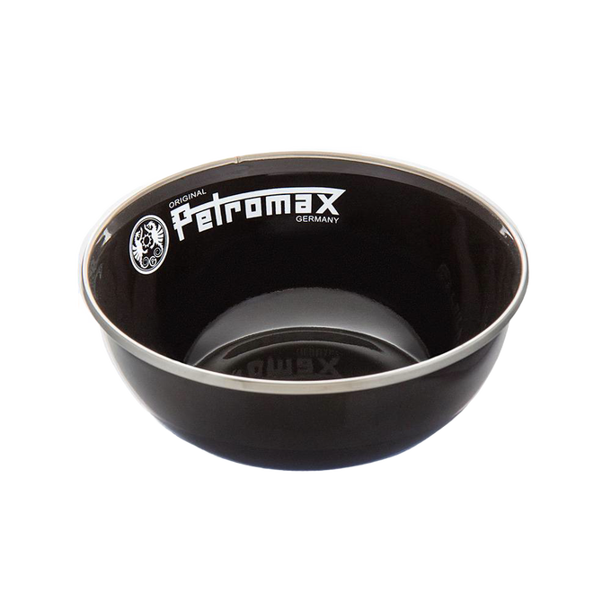 Black enamel bowl with subtle light-colored rim and white logo, crafted for durable, heat- and scratch-resistant outdoor use in Farm, Garden & Tool, Kitchen & Food, Camping, Dinnerware, Best Sellers, and Promo Eligible collections.