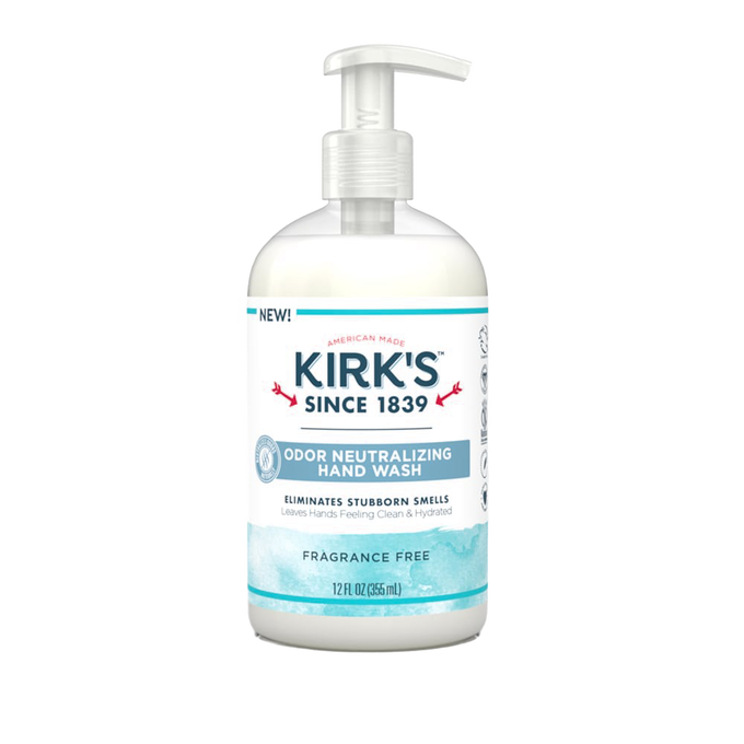 Clear pump bottle of fragrance-free Kirk's Odor Neutralizing Hydrating Hand Wash, made in USA, moisturizing with coconut oil and aloe vera, featured in Health & Wellness and Grooming collections.