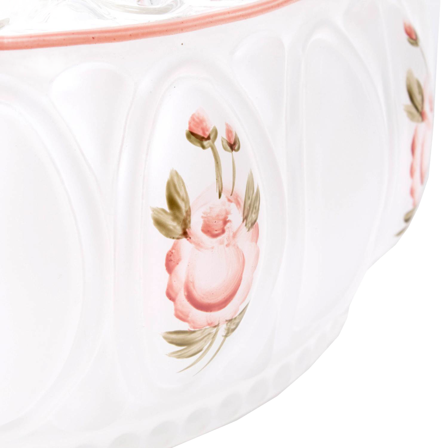 Handcrafted pink rose pattern on a glass oil lamp shade section, featuring soft green leaves and scalloped design, suitable for lamps & lighting and lamp shade collections.