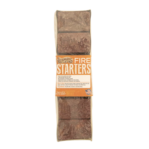 Pack of six handcrafted reddish-brown fire starters made in the USA, featuring natural reclaimed wax and sawdust with thick cotton wicks, ideal for Farm, Garden & Tool, Stoves, Camping, and Hearth Accessories collections.