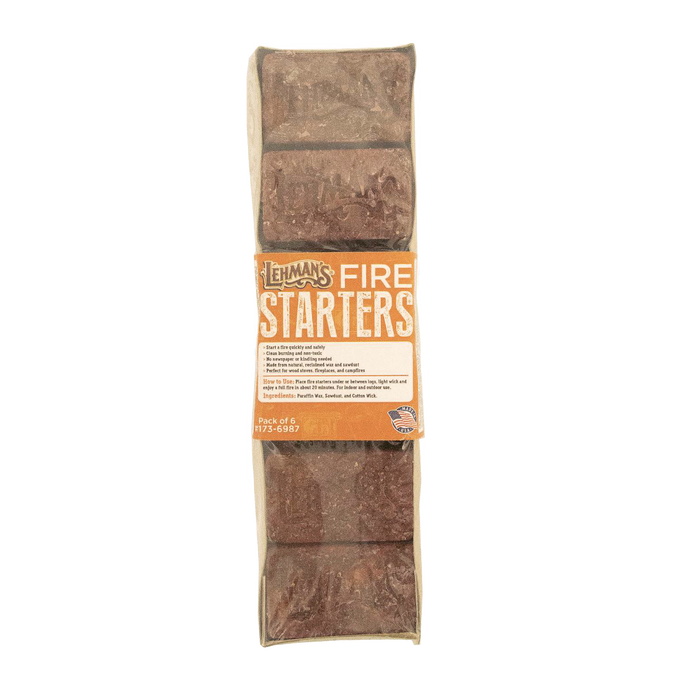 Pack of six handcrafted reddish-brown fire starters made in the USA, featuring natural reclaimed wax and sawdust with thick cotton wicks, ideal for Farm, Garden & Tool, Stoves, Camping, and Hearth Accessories collections.