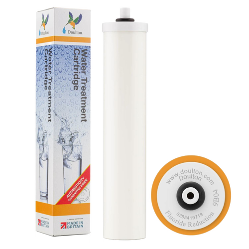 White cylindrical water filter cartridge designed to reduce fluoride, shown with packaging and branded top view, featured in Appliances and Water Heating and Treatment collections.