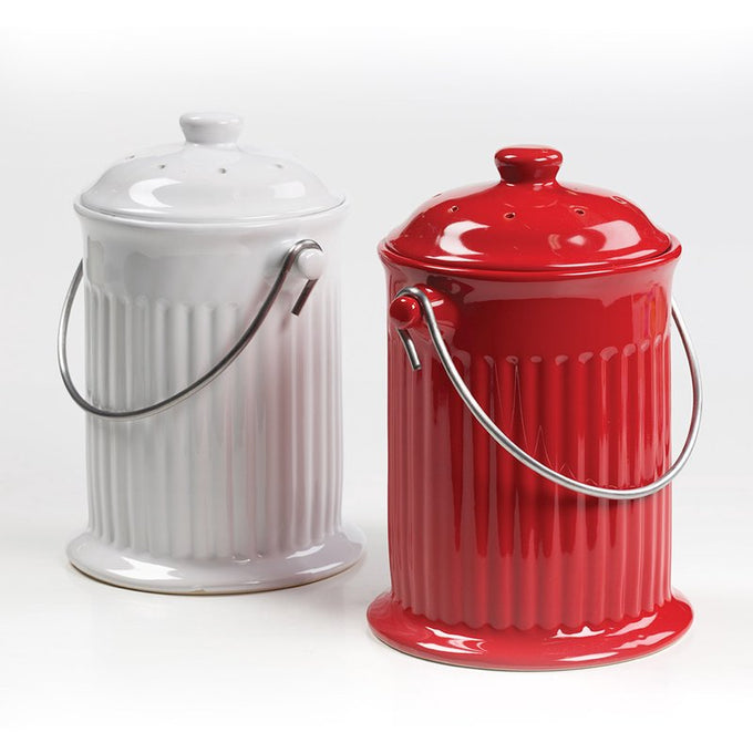 Pair of handcrafted ceramic compost keepers in white and red, featuring gleaming finishes and stainless steel handles, ideal for Farm, Garden & Tool, Composting, and Garden Accessories collections.