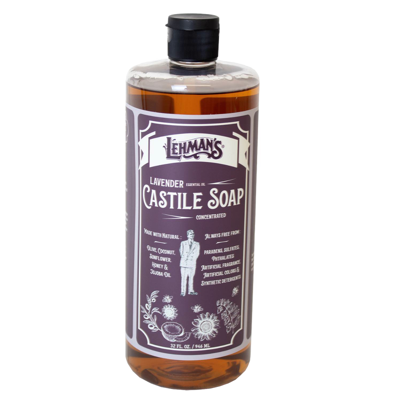 Amber bottle of Lehman's handcrafted concentrated Castile soap with lavender essential oil, featuring a natural plant-based formula and highlighting USA made quality for Health & Wellness, Grooming, and Soapmaking collections.