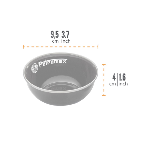 Gray enamel bowl with Petromax logo, lightweight and durable for outdoor cooking, suitable for camping, kitchen, and garden use, part of Best Sellers and Promo Eligible collections.