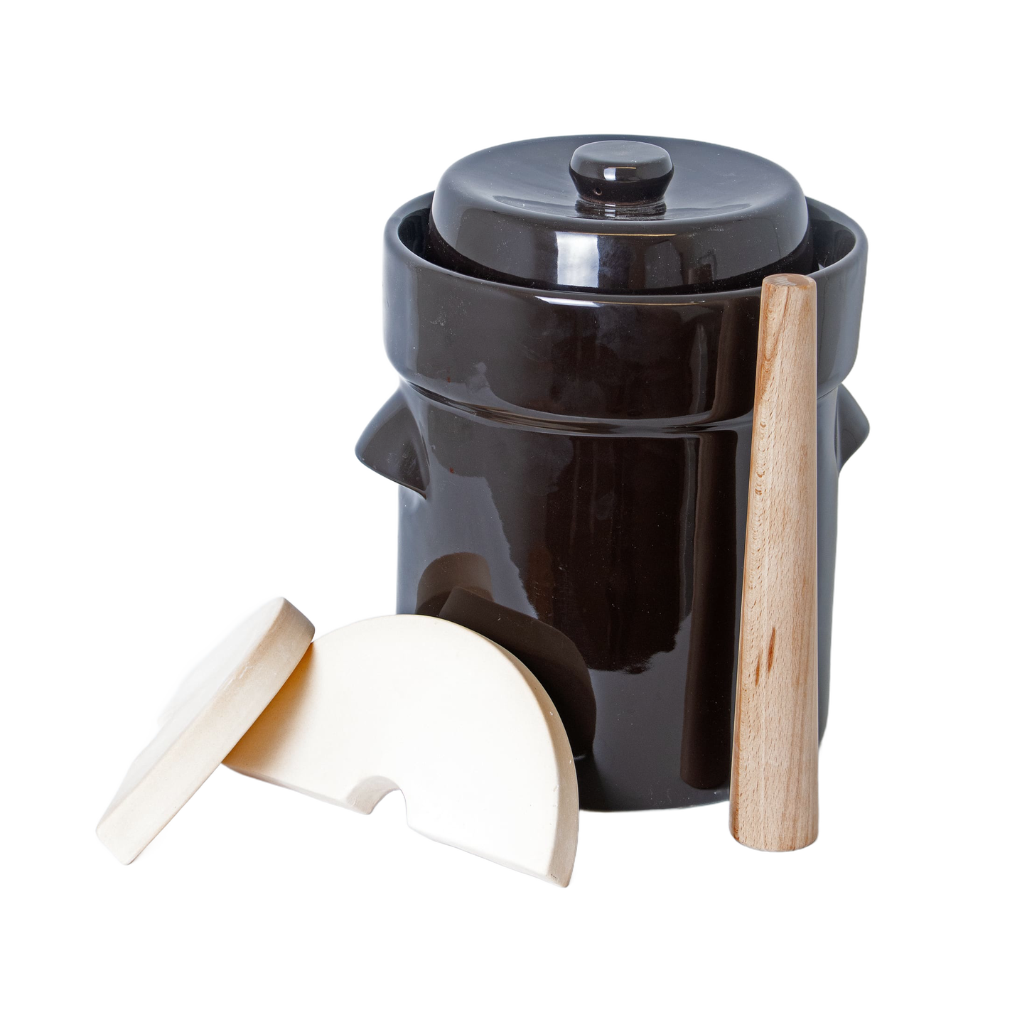 Dark ceramic fermentation crock with lid and light-colored dual-sided wooden stomper designed for tamping food in small crocks and jars, featured in Kitchen & Food and Food Preservation collections.
