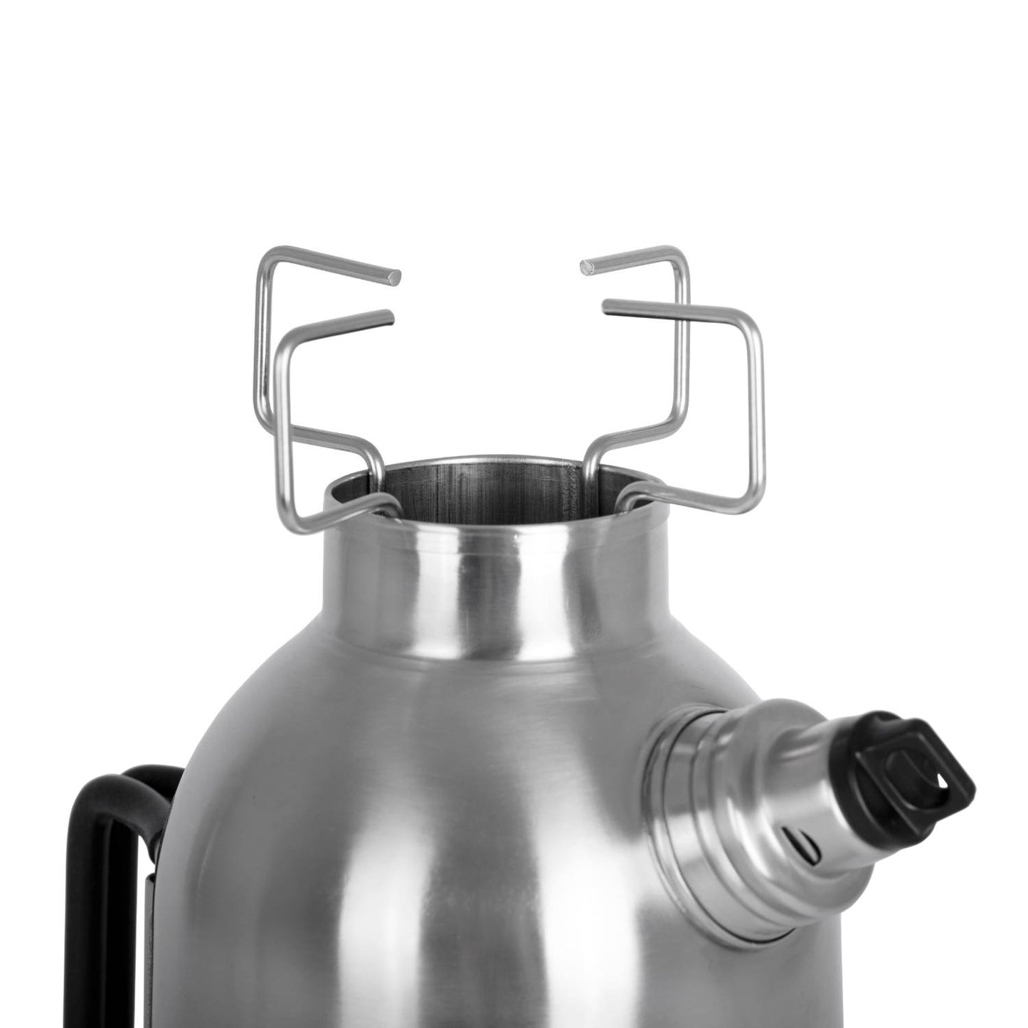Stainless steel fire kettle lid with integrated metal pot stand and screw-on spout cover, designed for efficient outdoor boiling in camping, farm, garden, and emergency supplies collections.