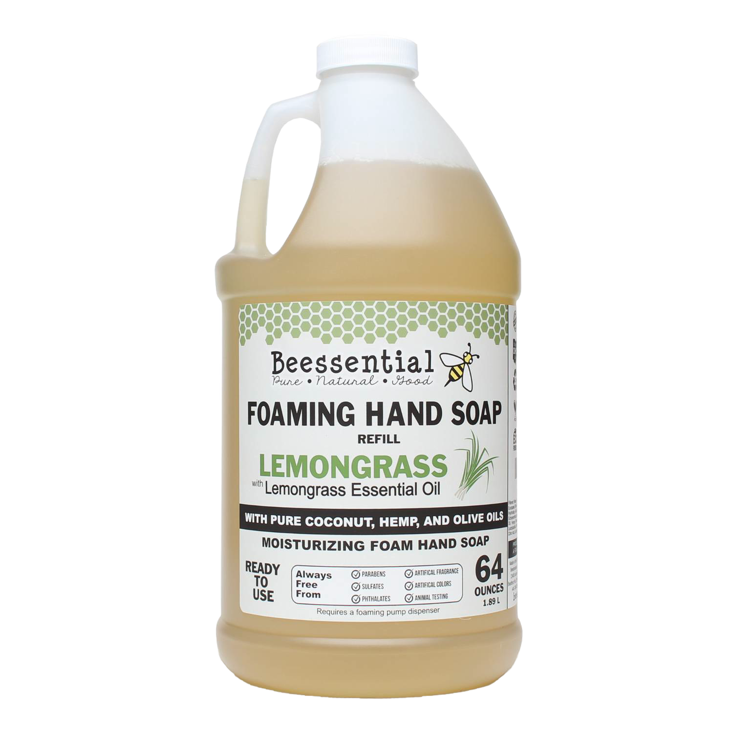 Large 64-ounce bottle of handcrafted foaming hand soap refill scented with lemongrass essential oil, made with natural coconut, hemp, and olive oils, featured in Health & Wellness, Grooming and Personal Hygiene, Soaps and Soapmaking, Soaps, USA Made, Best Sellers, and Promo Eligible collections.