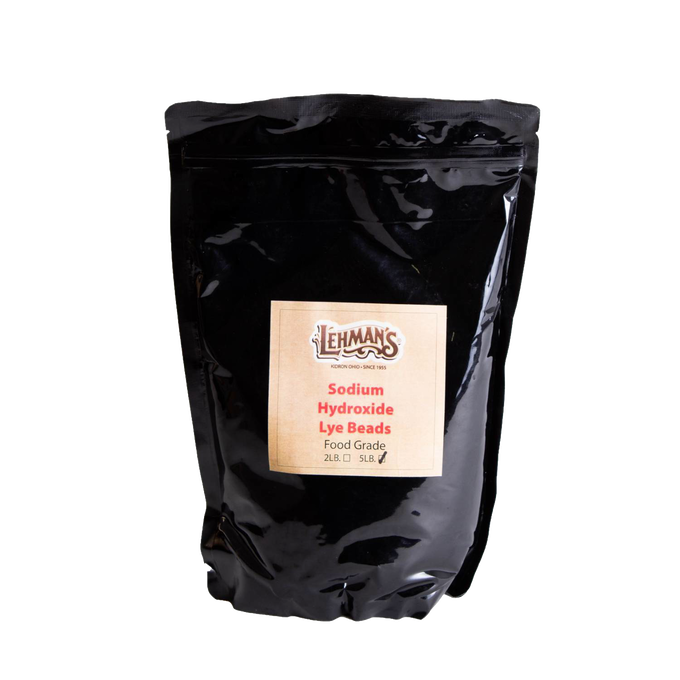 Resealable black bag of food-grade sodium hydroxide lye beads in 2-lb or 5-lb sizes, ideal for soapmaking and included in Health & Wellness, Soaps and Soapmaking, and USA Made collections.