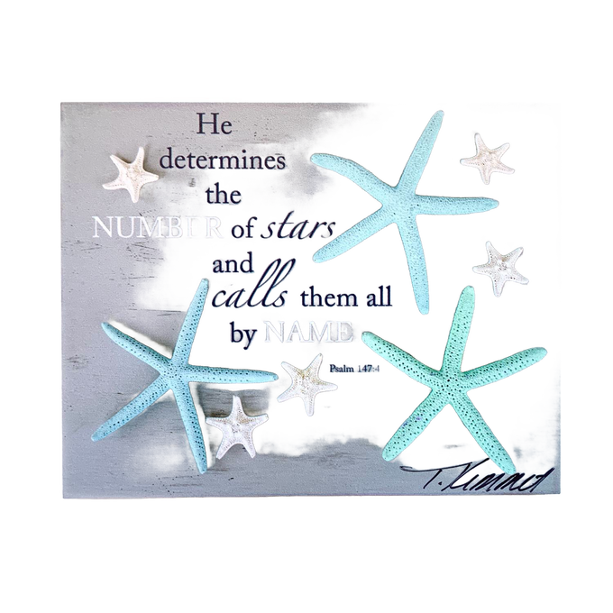 Amish made handcrafted 5"x7" plaque featuring blue and white starfish with the uplifting Bible verse from Psalm 147:4, ideal for Home & Decor, Best Sellers, and Promo Eligible collections.