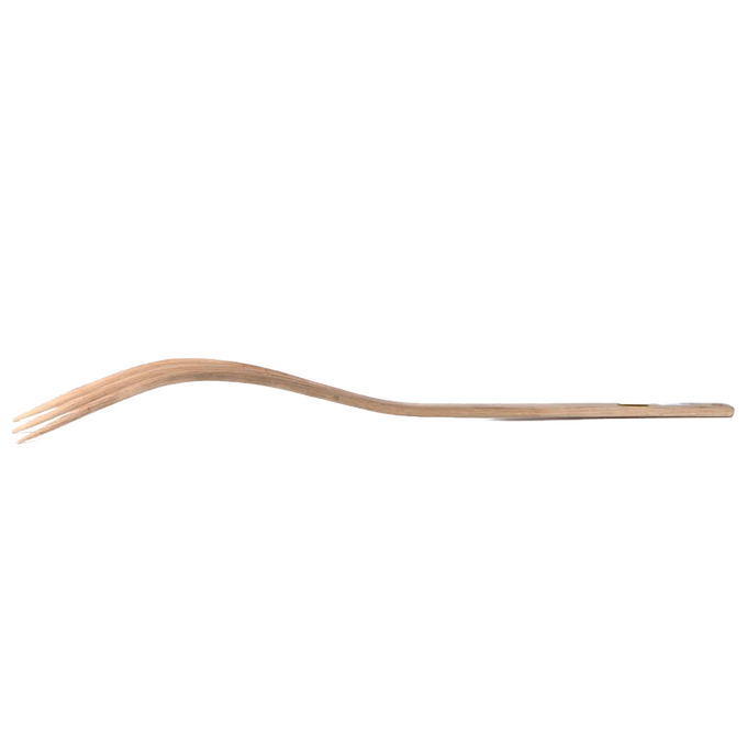 Handcrafted bent wood hay fork made by Amish artisans, featuring a lightweight design with a curved handle and three prongs, ideal for farm, garden, and tool use.