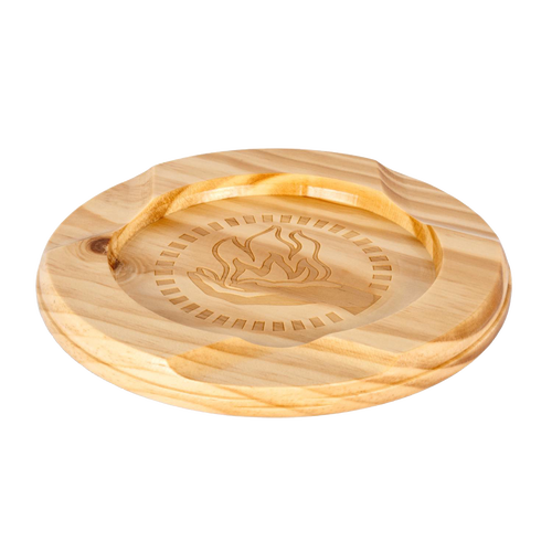 Round wooden lid with a carved flame emblem in the center, designed as a handcrafted accessory for the Feuerhand Tamber Tabletop Charcoal Grill, featured in Farm, Garden & Tool and Grilling collections.