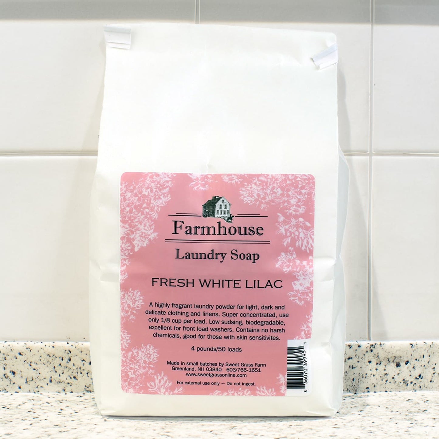 Handcrafted Farmhouse Laundry Soap in Fresh White Lilac scent, made in USA with biodegradable, low-sudsing formula, featured in Home & Decor, Soaps and Soapmaking, and Best Sellers collections.
