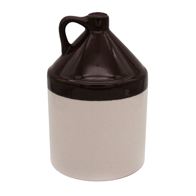 Handcrafted stoneware jug with handle in two-tone brown and cream glaze, made in USA, ideal for Kitchen & Food, Storage and Serving, Best Sellers, and Promo Eligible collections.