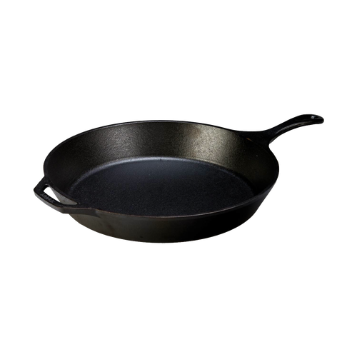 Handcrafted pre-seasoned classic cast iron skillet with a smooth black surface, featuring an ergonomic handle and helper grip, ideal for Kitchen & Food, Cookware, Cast Iron, Best Sellers, Promo Eligible collections.