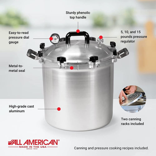 Handcrafted All American pressure canner in high-grade cast aluminum with metal-to-metal seal, sturdy phenolic handle, easy-to-read gauge, and pressure regulator, ideal for Kitchen & Food, Food Preservation, and Canning collections.