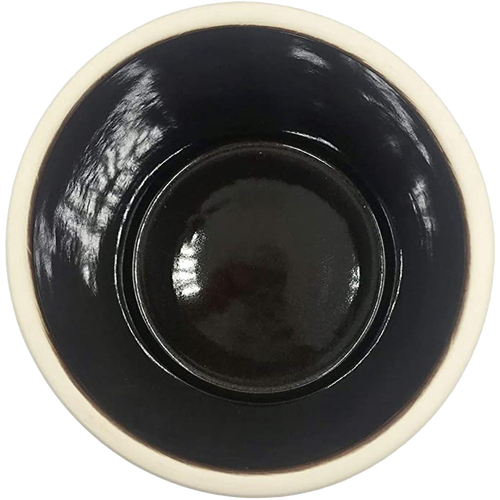 Top view of a handcrafted 5-gallon stoneware crock with a durable cream exterior and glossy brown glazed interior, made in USA, perfect for food preservation and fermenting.
