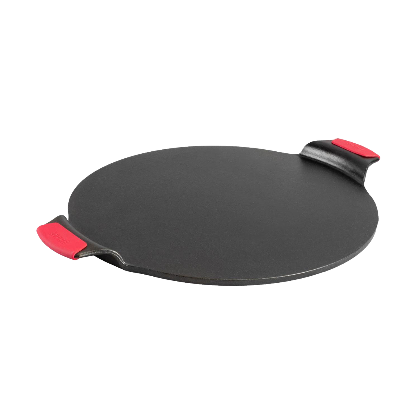 Seasoned cast iron pizza pan with dual handles featuring red silicone grips, designed for even heat and edge-to-edge baking, ideal for Kitchen & Food, Cookware, and USA Made collections.