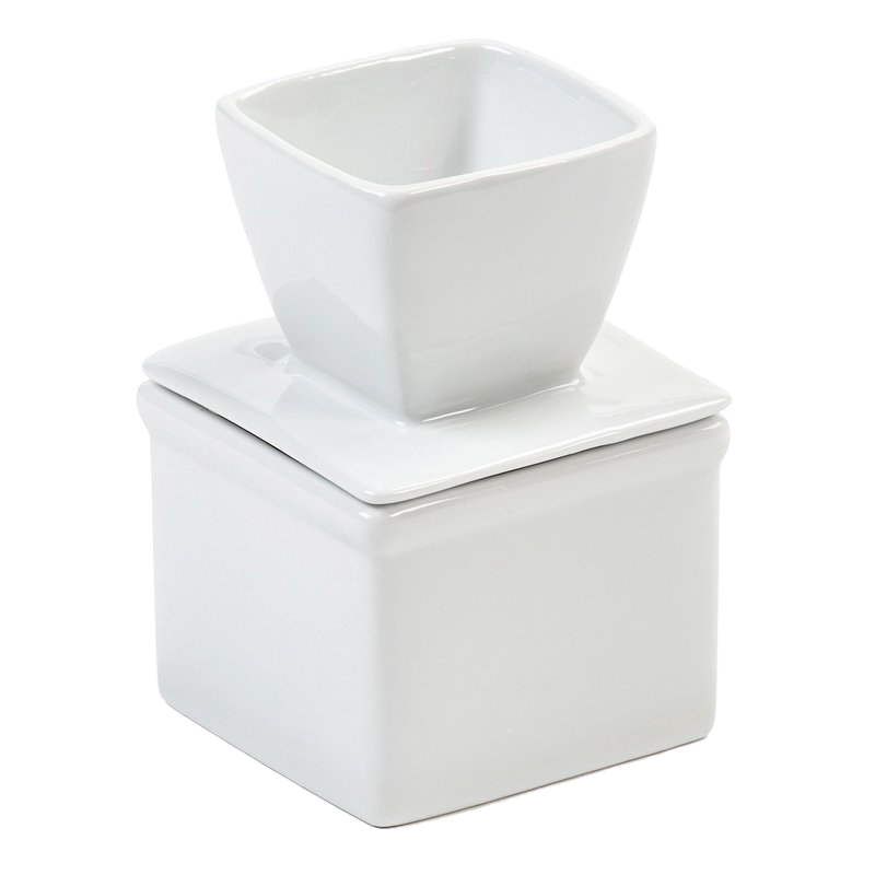 White porcelain butter keeper with a smooth, square design featuring a water reservoir lid, ideal for soft butter storage in Kitchen & Food and Specialty Equipment collections.