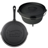 Handcrafted nitrided cast iron campfire cooking set featuring a 10" skillet and 4.5 qt Dutch oven with lid and tripod legs, perfect for Farm, Garden & Tool, Camping, and Kitchen & Food collections.