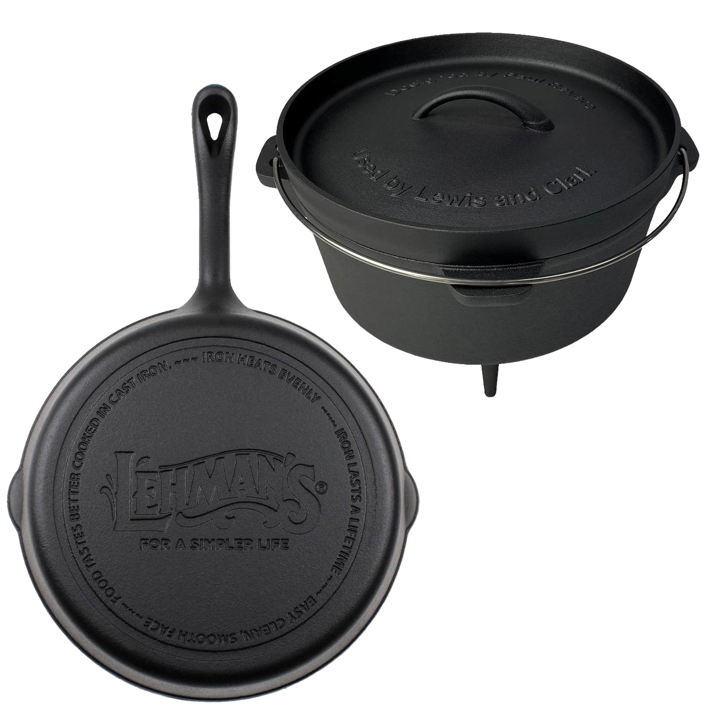 Handcrafted nitrided cast iron campfire cooking set featuring a 10" skillet and 4.5 qt Dutch oven with lid and tripod legs, perfect for Farm, Garden & Tool, Camping, and Kitchen & Food collections.