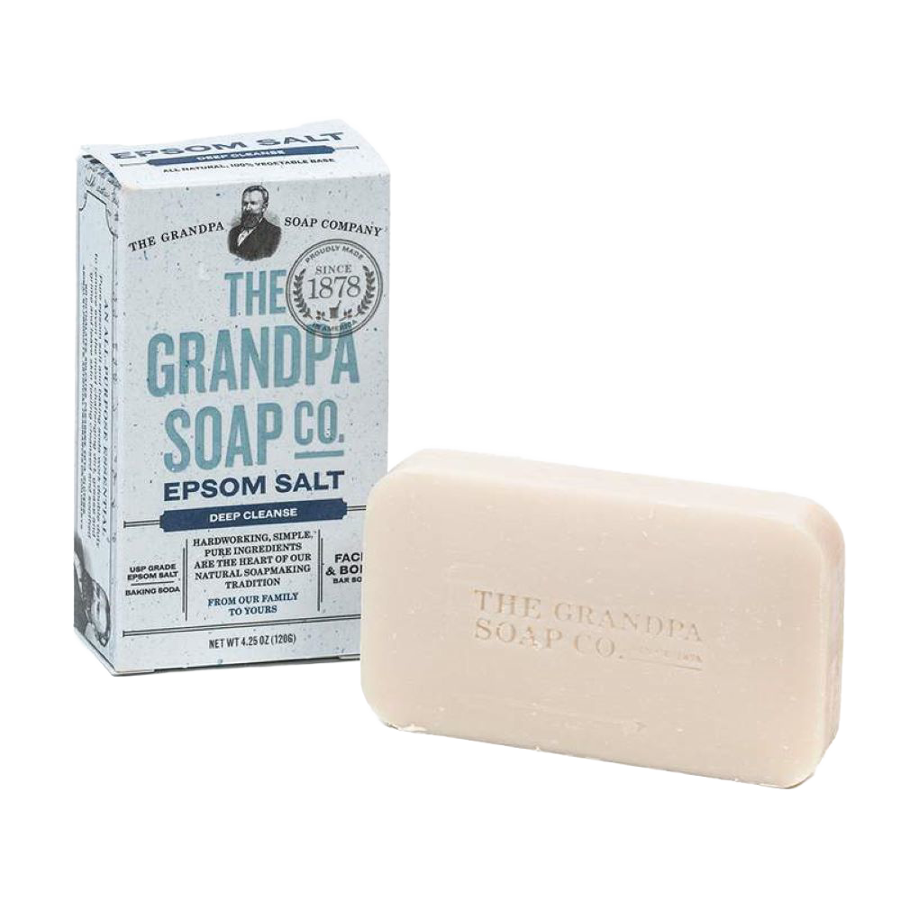 Handcrafted bar soap made in USA, featuring epsom salt for deep cleansing, styled with original packaging; suitable for Health & Wellness, Soaps, Grooming, and Best Sellers collections.