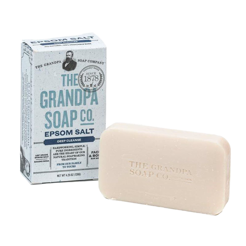 Handcrafted bar soap made in USA, featuring epsom salt for deep cleansing, styled with original packaging; suitable for Health & Wellness, Soaps, Grooming, and Best Sellers collections.