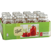 Set of twelve clear glass canning jars with silver metal lids displayed in green packaging, ideal for Kitchen & Food, Food Preservation, Canning collections, USA Made and Best Sellers.