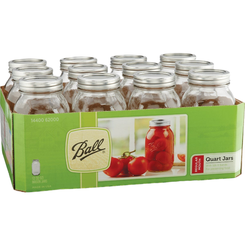 Set of twelve clear glass canning jars with silver metal lids displayed in green packaging, ideal for Kitchen & Food, Food Preservation, Canning collections, USA Made and Best Sellers.