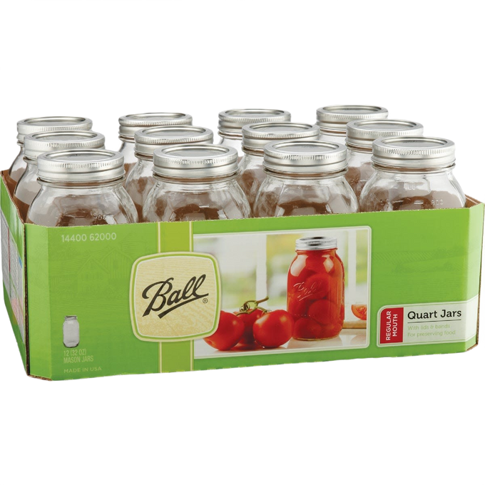 Set of twelve clear glass canning jars with silver metal lids displayed in green packaging, ideal for Kitchen & Food, Food Preservation, Canning collections, USA Made and Best Sellers.